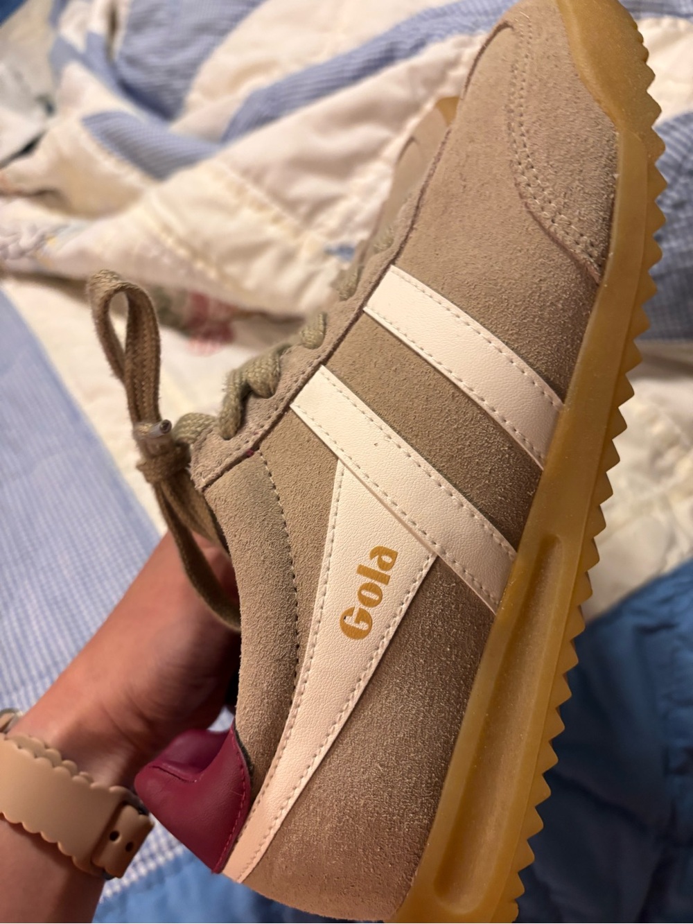 Gola Beige Suede Retro Trainer with White Stripes and Gum Sole - Picture 5 of 8